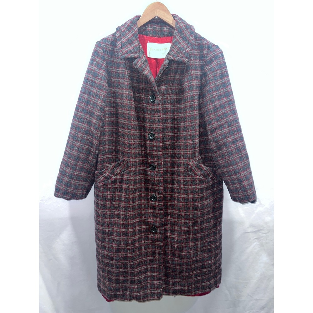 REAR Pendleton Vintage 100% Virgin Wool Plaid Pea‎ Coat Lg Red Grey Long Button